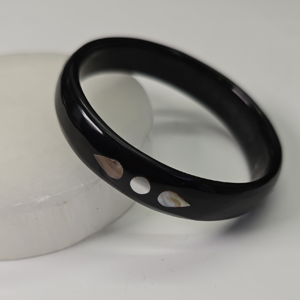 Vintage Black Bangle Bracelet with Mother-of-Pearl Accents